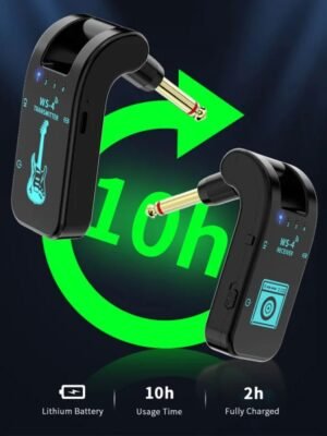 A compact 2.4GHz wireless guitar system showing transmitter and receiver units with LED indicators, designed for electric guitar and bass. Demonstrates plug-and-play setup with 1/4" jacks connecting to instrument and amplifier. Features rechargeable battery design and low-latency digital audio transmission for stage performance